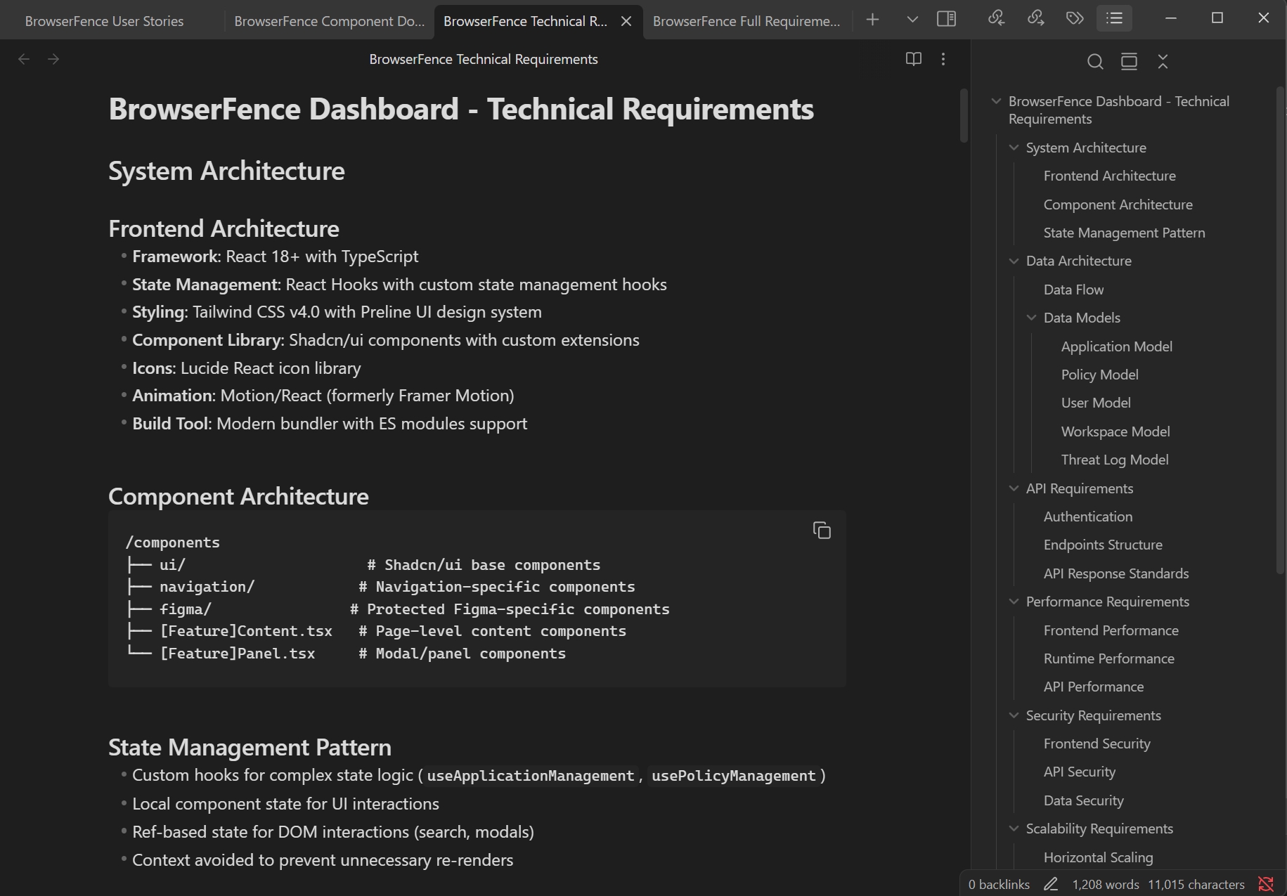 BrowserFence technical-requirements.md viewed in Obsidian.