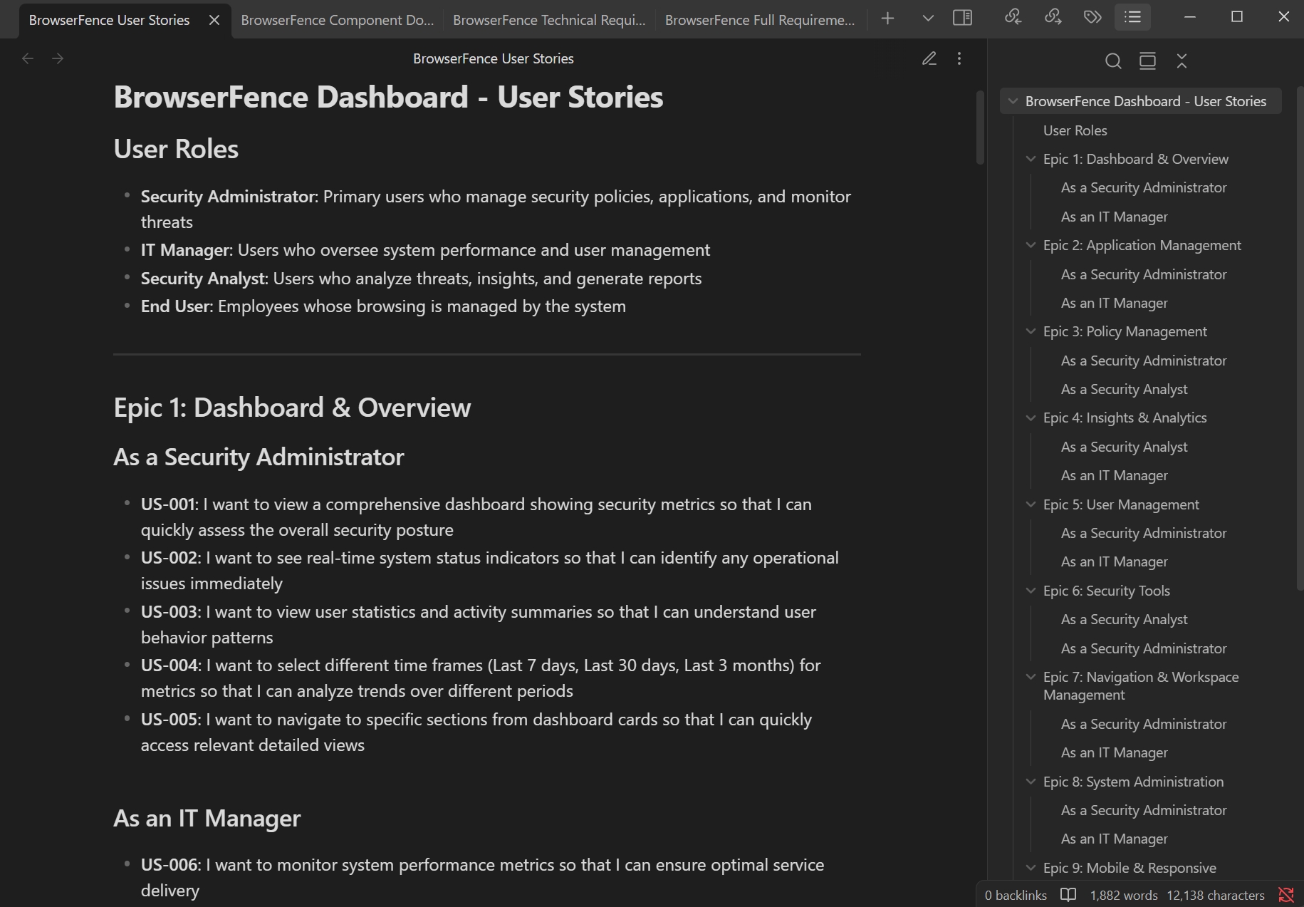 BrowserFence user-stories.md viewed in Obsidian.